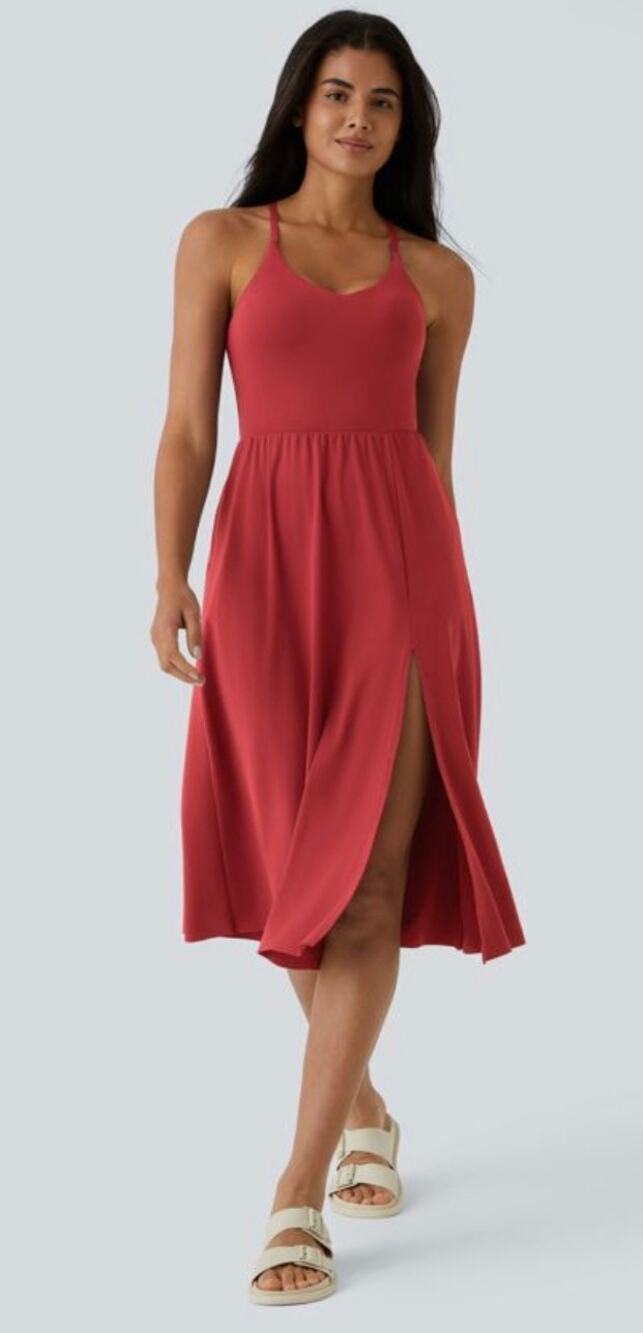 Halara SoftlyZero Airy Everyday Midi Chill Dress La Land Lipstick Red Salsa L